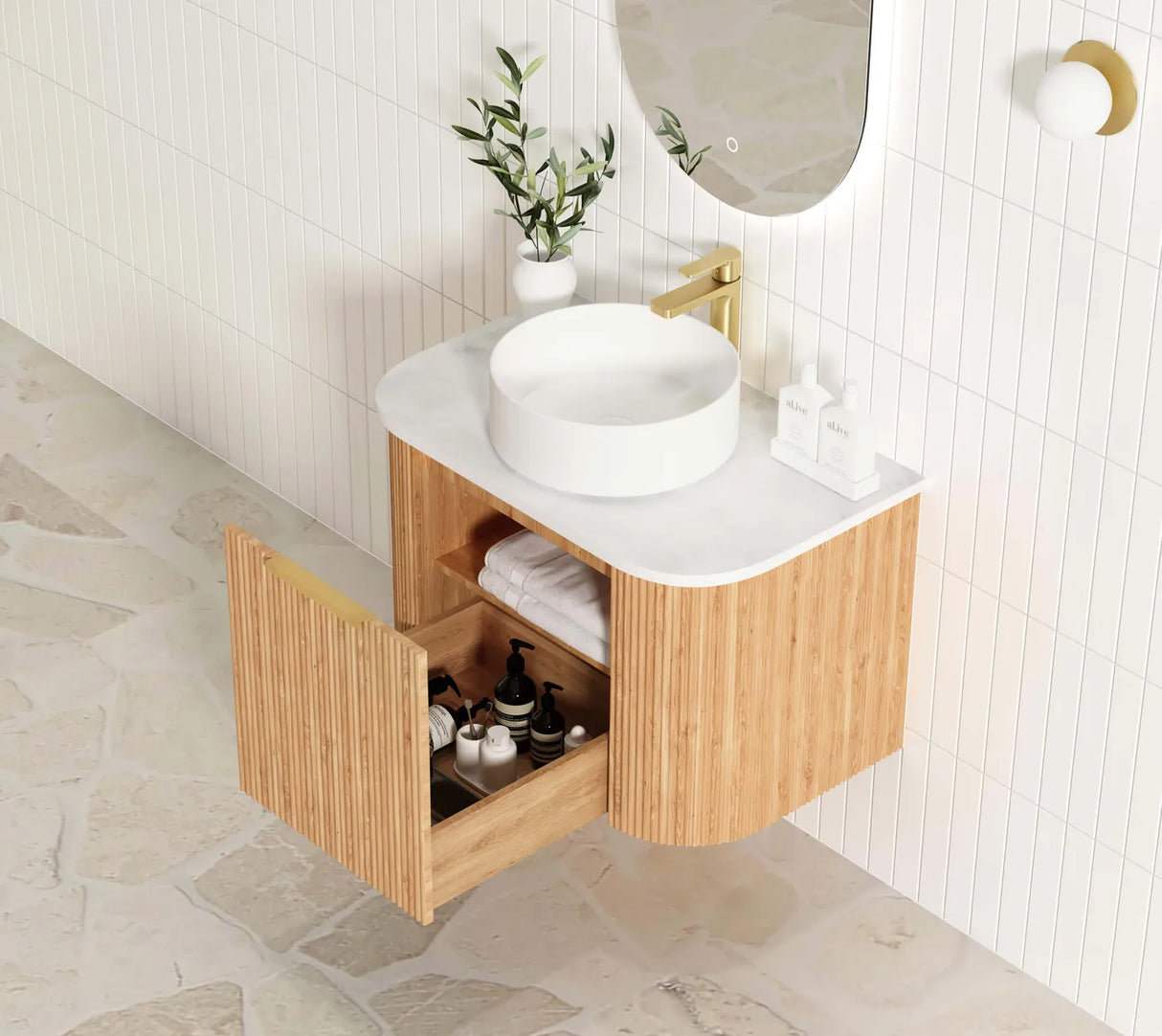 Bondi Wall Hung Fluted Vanity Curve 750mm - Woodland Oak