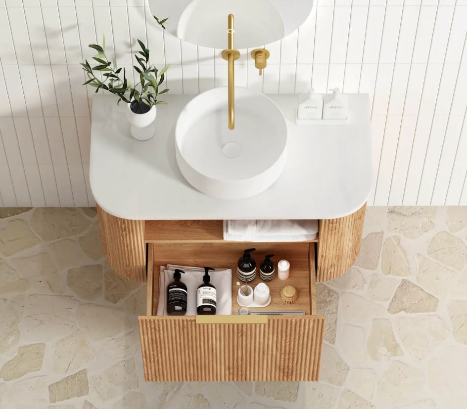 Bondi Wall Hung Fluted Vanity Curve 900mm - Woodland Oak top view