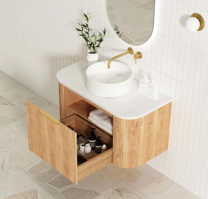 Bondi Wall Hung Fluted Vanity Curve 900mm - Woodland Oak side view