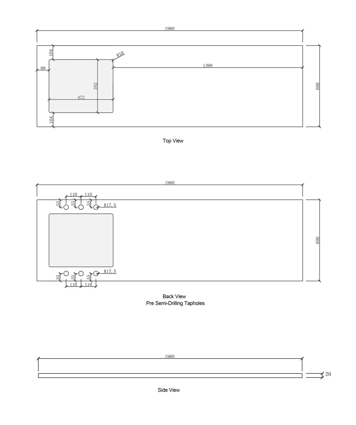 Bondi White Laundry Kit 1960x600x2100 taphole drawing