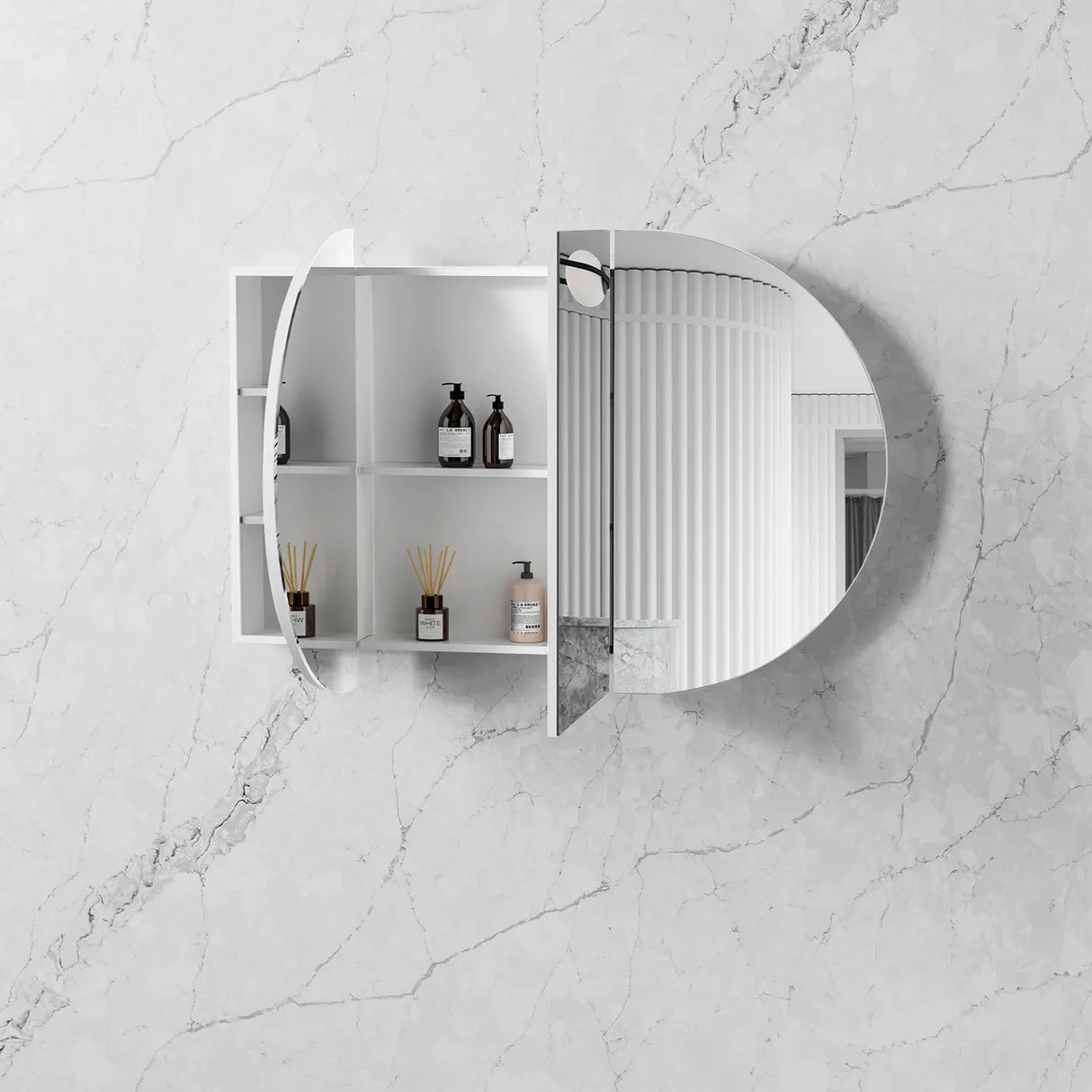 Open Side view of mounted Bondi White Shaving Cabinet - 1500 x 900mm in the wall