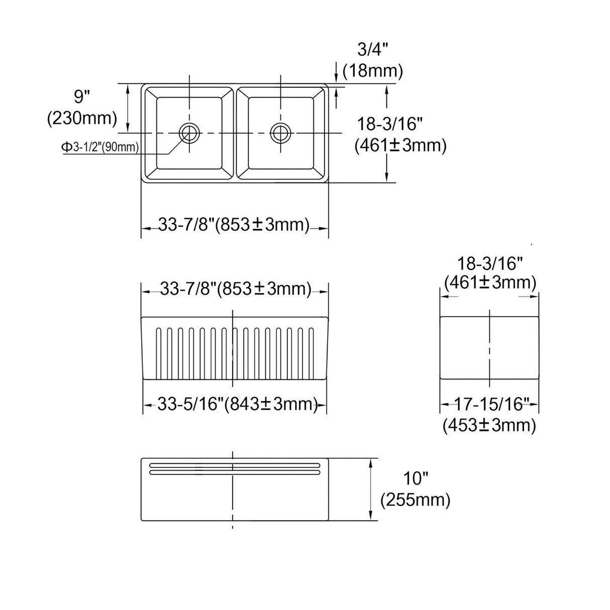 Boston 853x461x255 Butler Sink Double Bowl drawing