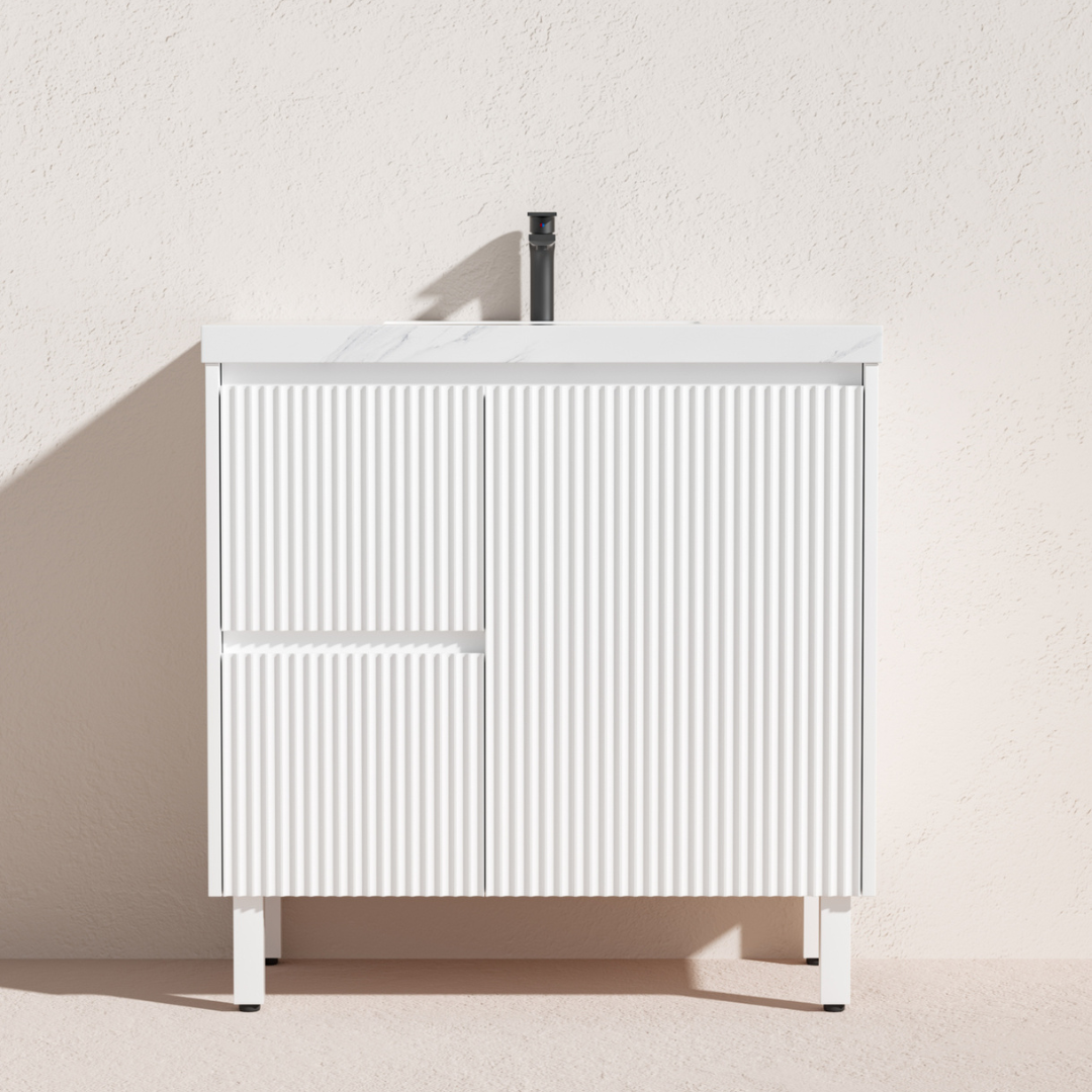 Matte white left hand Brighton PVC Floor Vanity 900mm