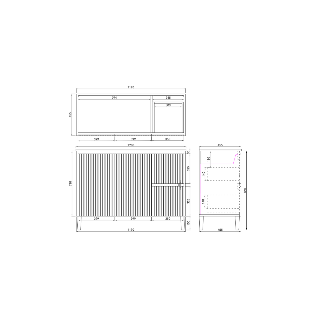 Brighton PVC Floor Vanity 1200mm right hand drawing details