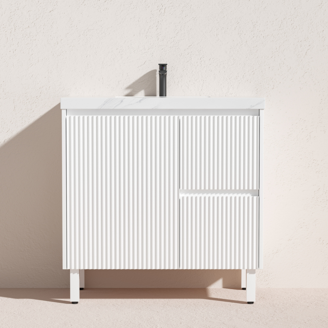 Matte white right hand Brighton PVC Floor Vanity 900mm