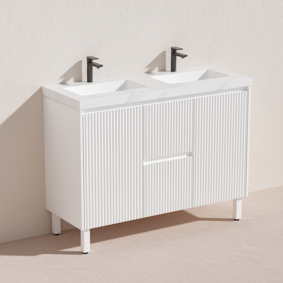 Brighton PVC Floor Vanity Double Bowl 1200mm Matte White side view