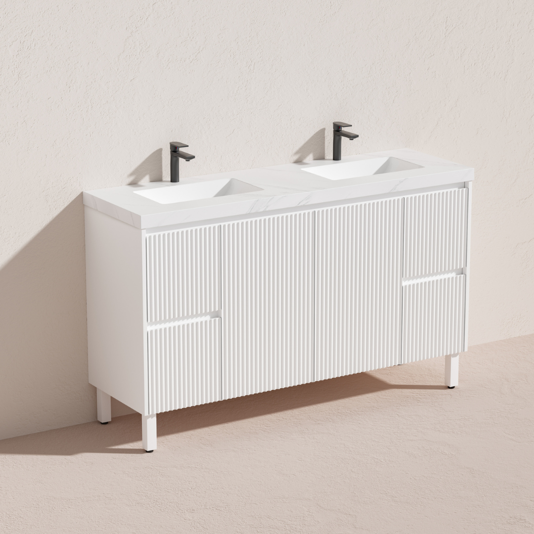 Matte white Brighton PVC Floor Vanity Double Bowl 1500mm side view