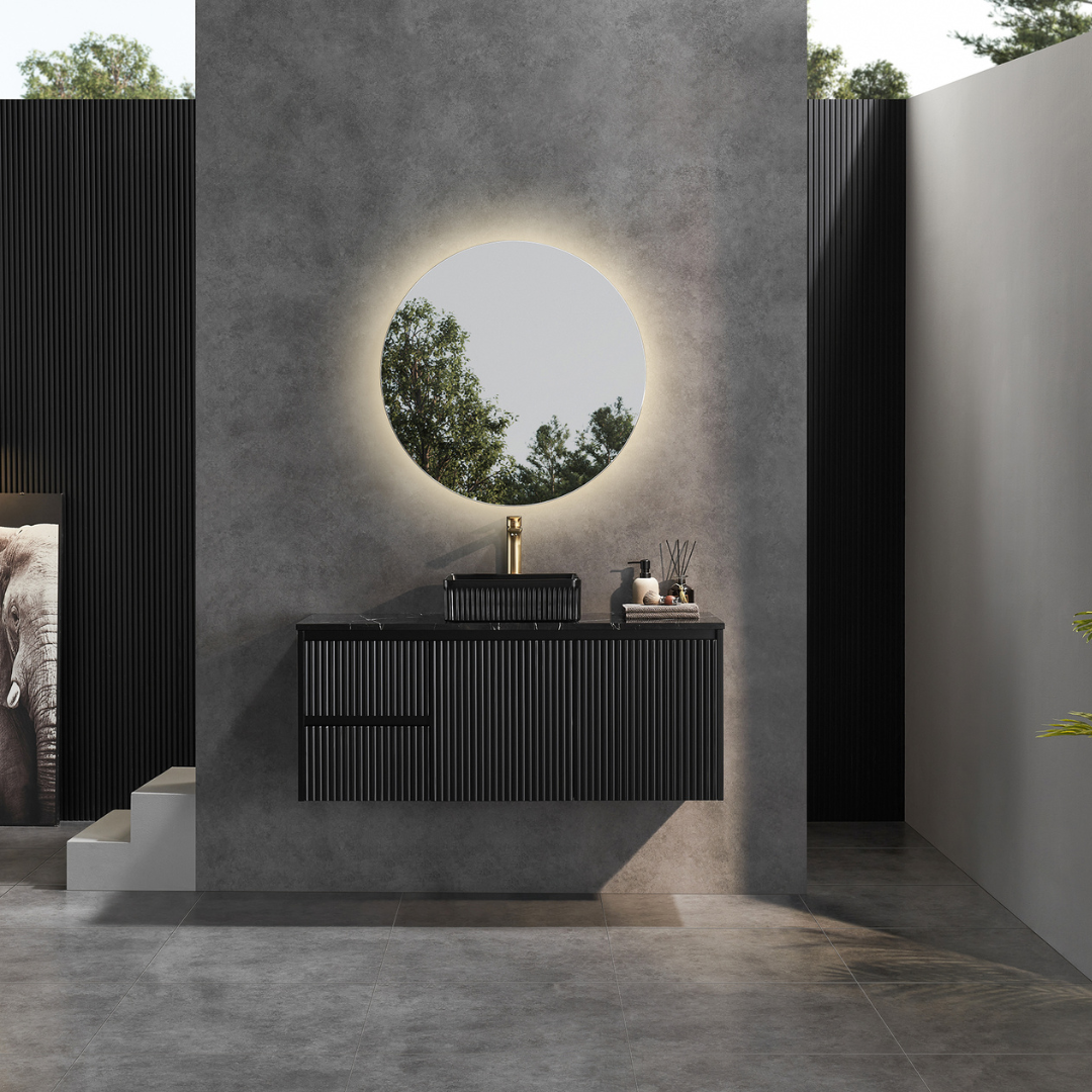 Bathroom with installed Matte Black Brindabella Wall Hung Left Hand Vanity 1200mm