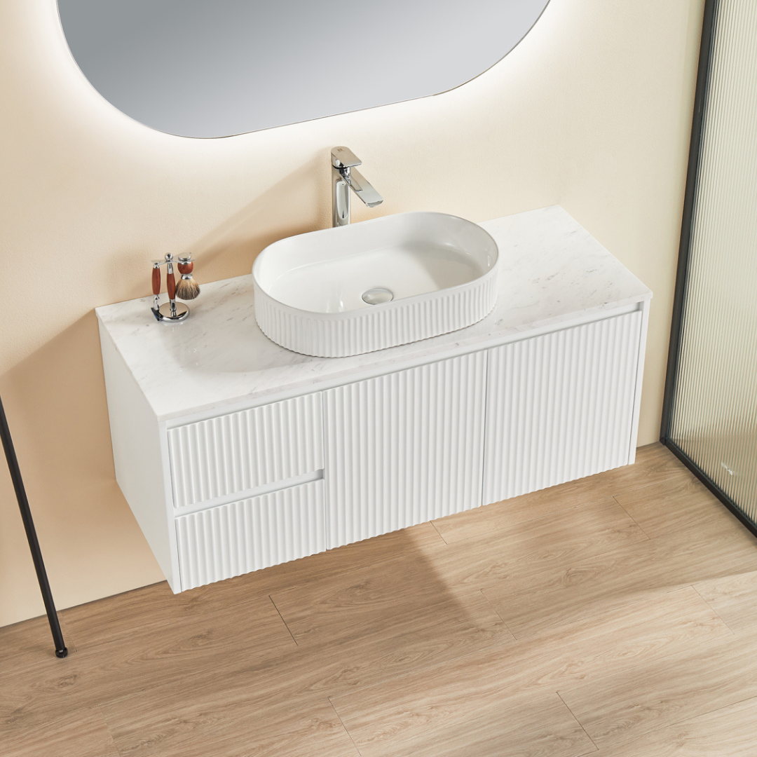 Bathroom with installed Matte White Brindabella Wall Hung Left Hand Vanity 1200mm Top view