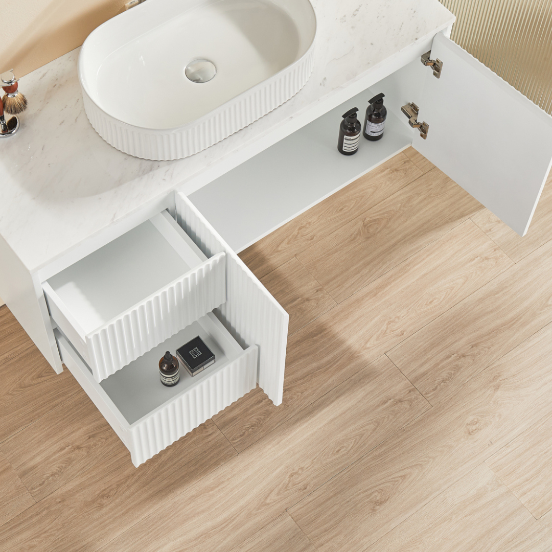 Top view open Matte White Bathroom with installed Brindabella Wall Hung Left Hand Vanity 1200mm