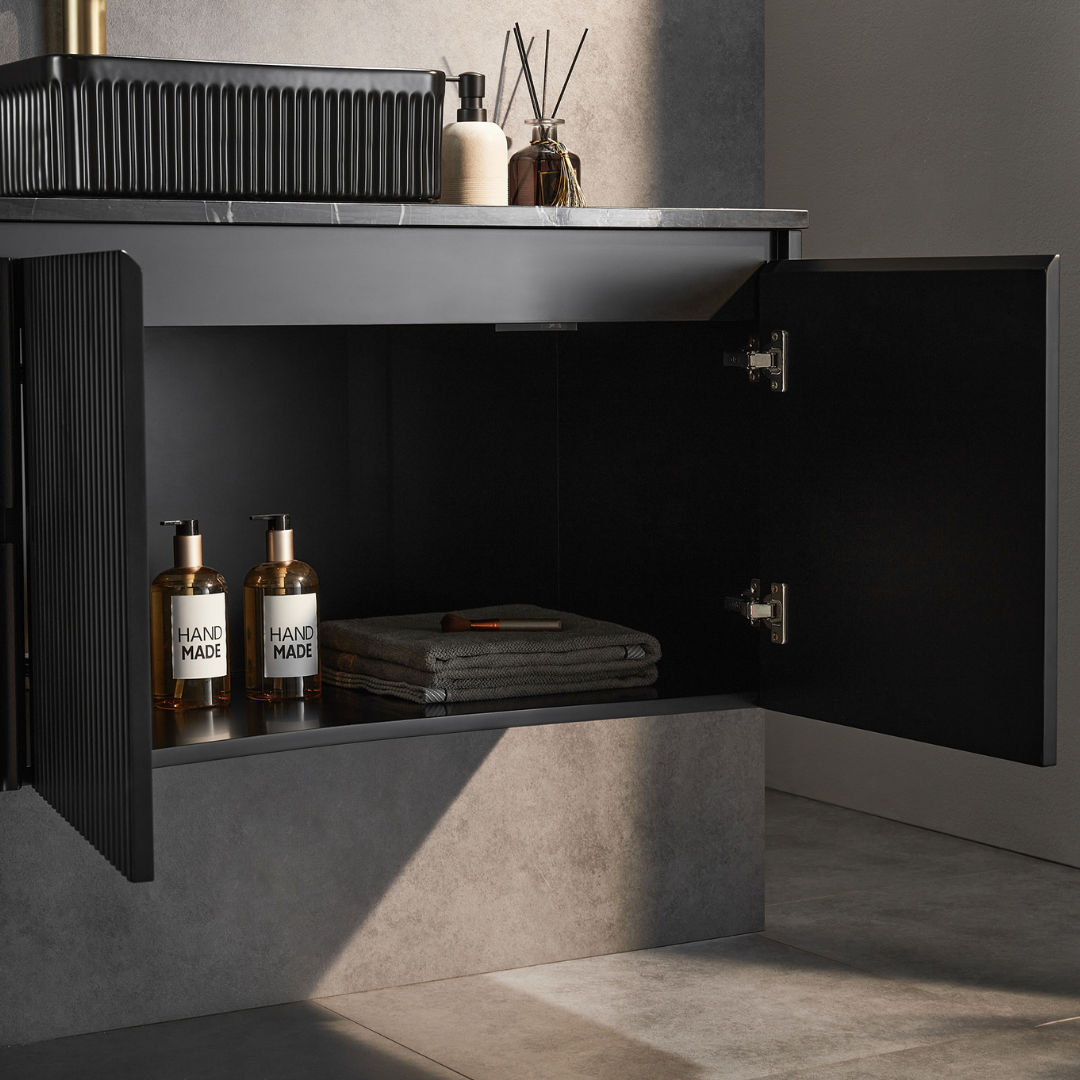 Open Matte black Brindabella Wall Hung Left Hand Vanity 1200mm