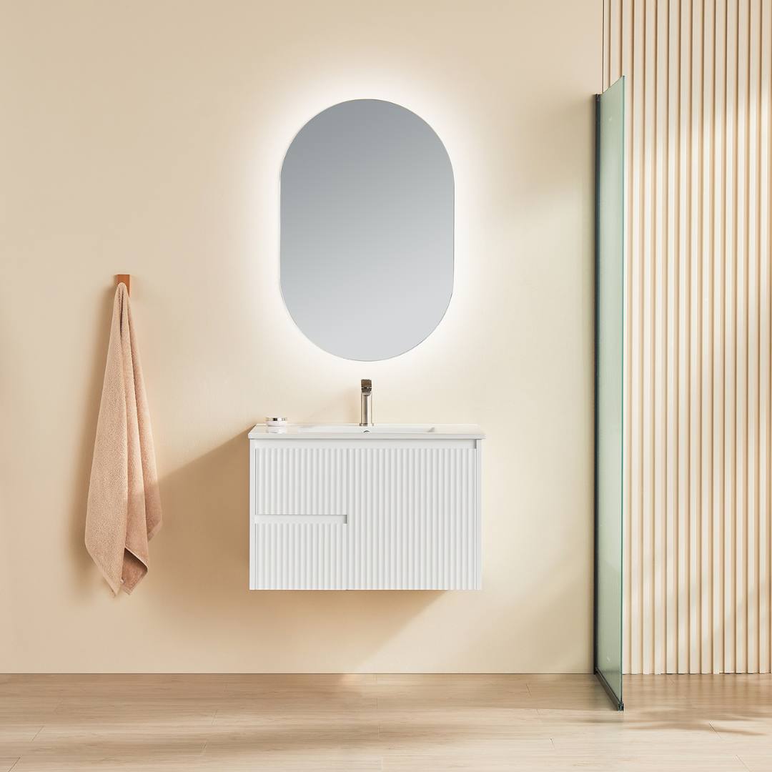 Bathroom with installed Matte White Brindabella Wall Hung Left Hand Drawer Vanity 750mm