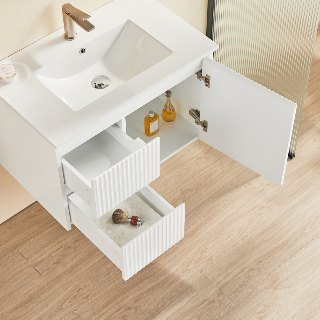 Open Matte White Brindabella Wall Hung Left Hand Drawer Vanity 750mm