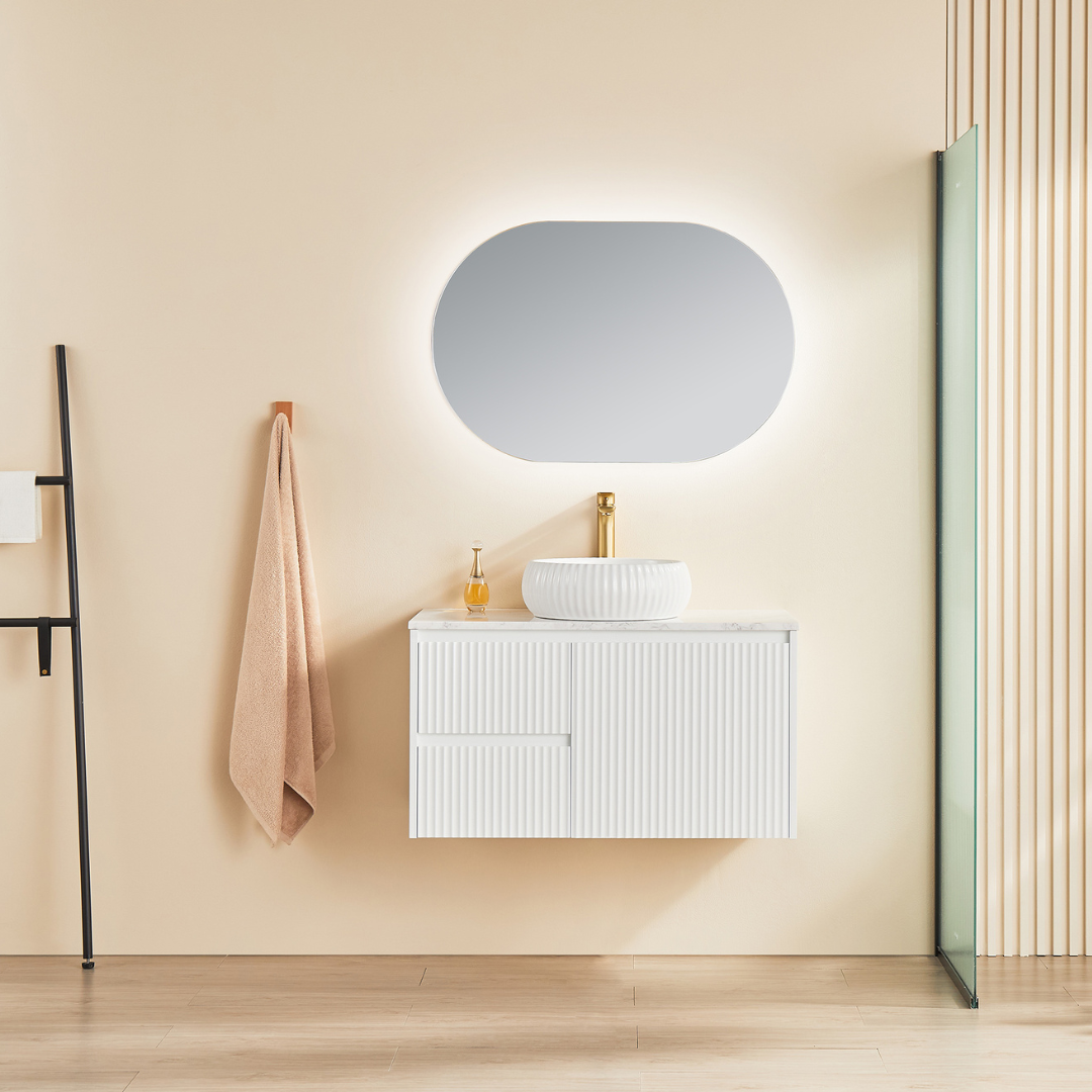 Bathroom with Matte White Brindabella Wall Hung Left Hand Drawer Vanity 900mm