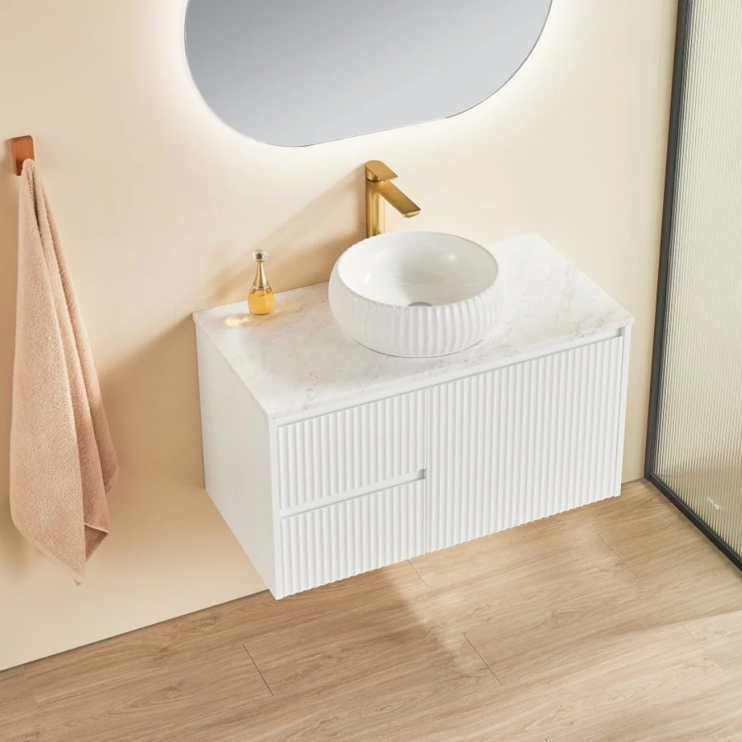 Top view of Matte White Brindabella Wall Hung Left Hand Drawer Vanity 900mm