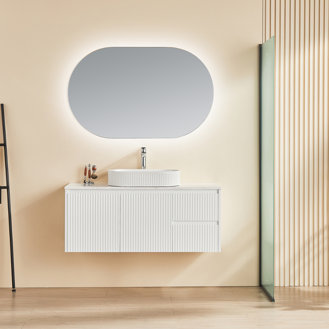 Bathroom with installed Matte White Brindabella Wall Hung Right Hand Vanity 1200mm