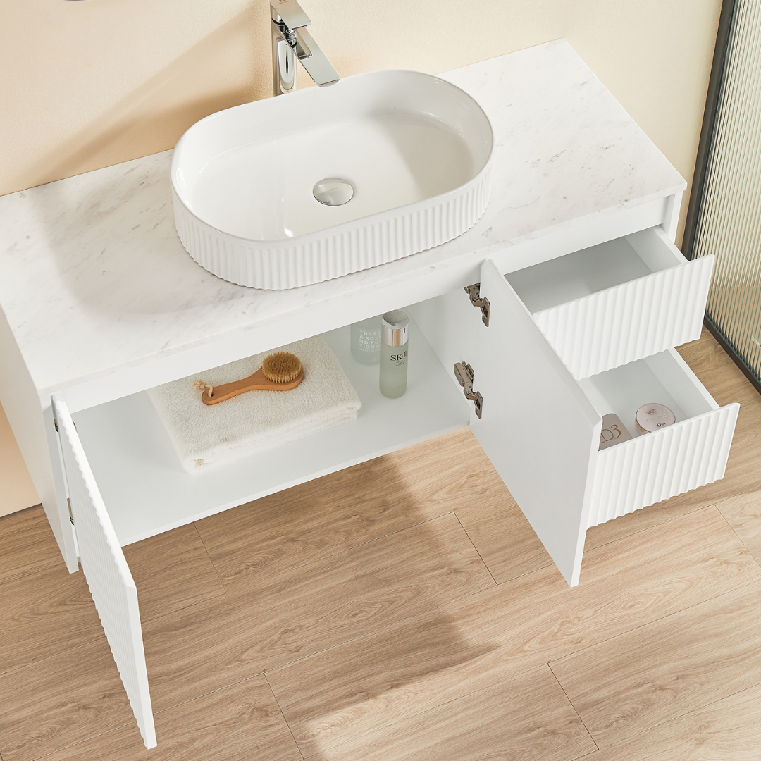 Open top view matte white Brindabella Wall Hung Right Hand Vanity 1200mm