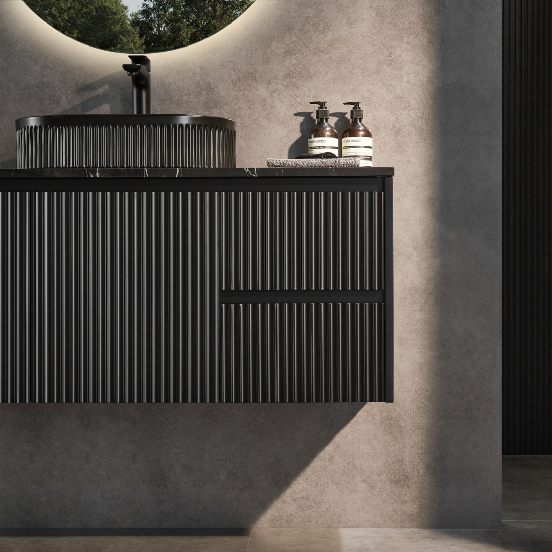 Bathroom with installed Matte Black Brindabella Wall Hung Right Hand Vanity 1200mm