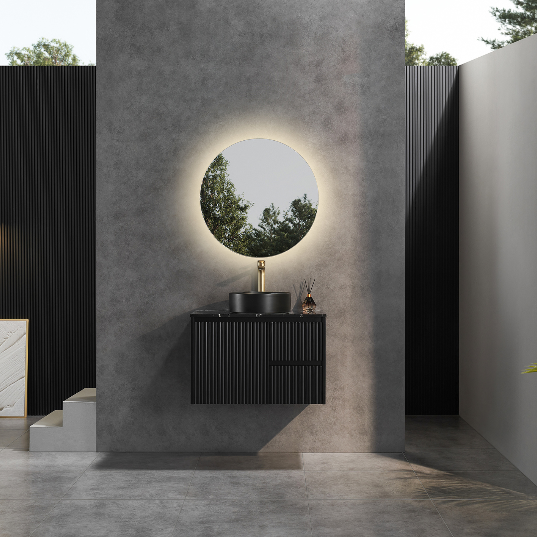 Bathroom with installed Matte Black Brindabella Wall Hung Right Hand Drawer Vanity 750mm