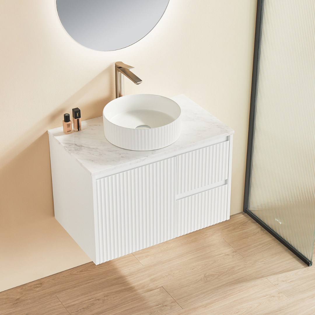 Top view Matte White Brindabella Wall Hung Right Hand Drawer Vanity 750mm