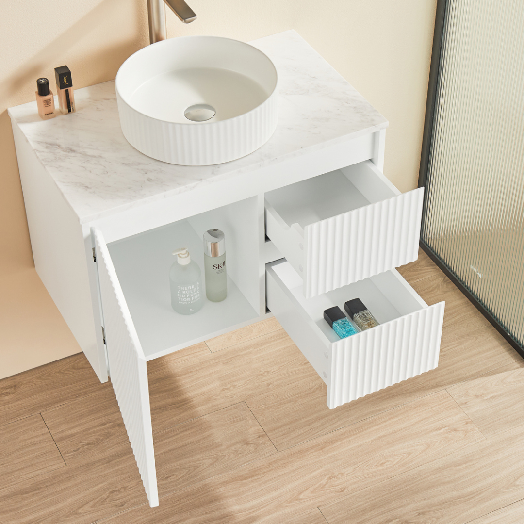 Top view of open Bathroom with installed Matte White Brindabella Wall Hung Right Hand Drawer Vanity 750mm