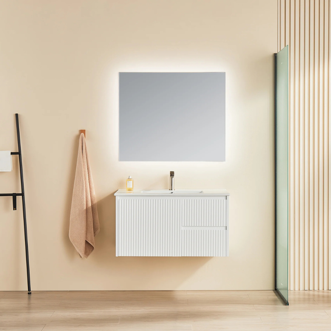 Bathroom with Matte White Brindabella Wall Hung Right Hand Drawer Vanity 900mm