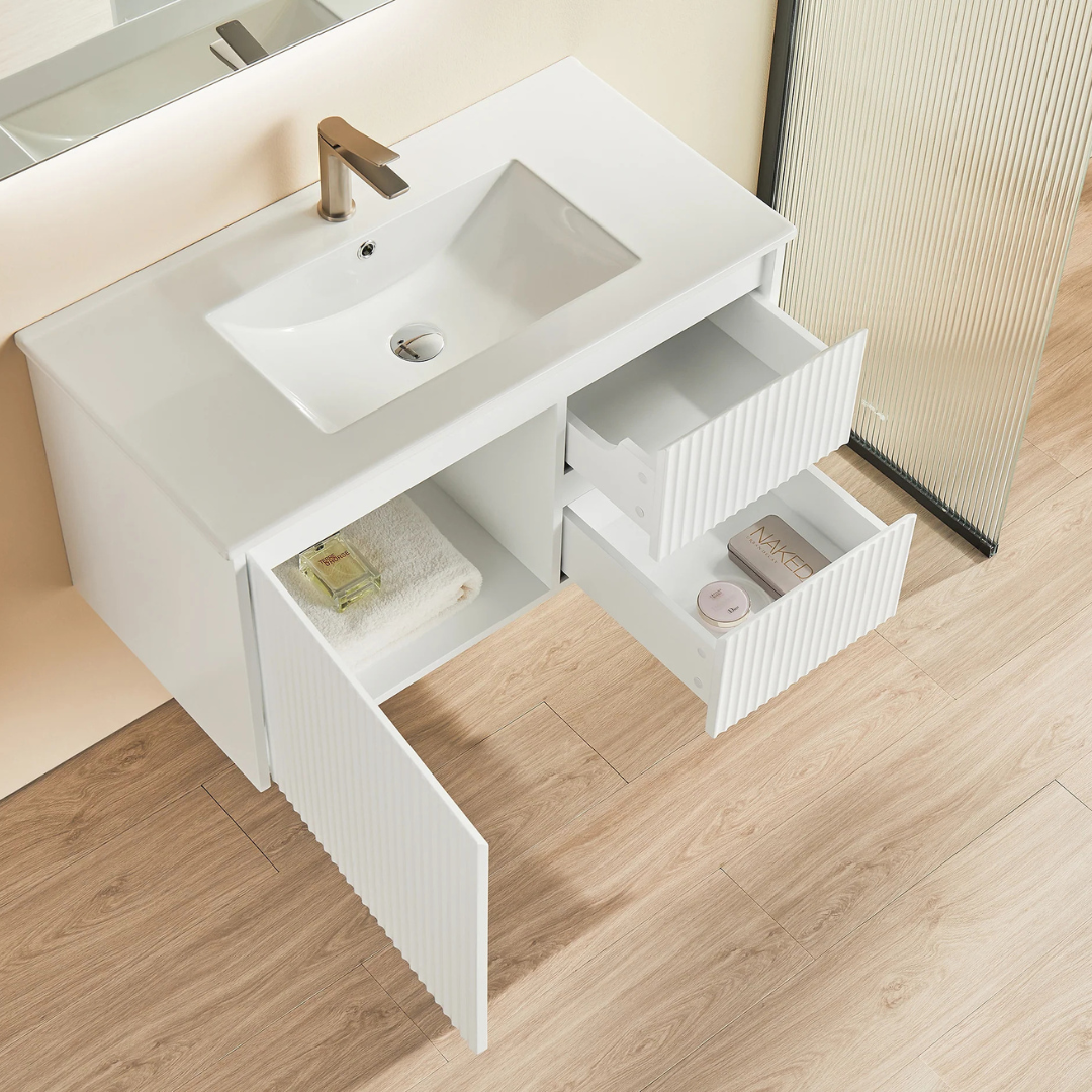 Top view of open Bathroom with Matte White Brindabella Wall Hung Right Hand Drawer Vanity 900mm