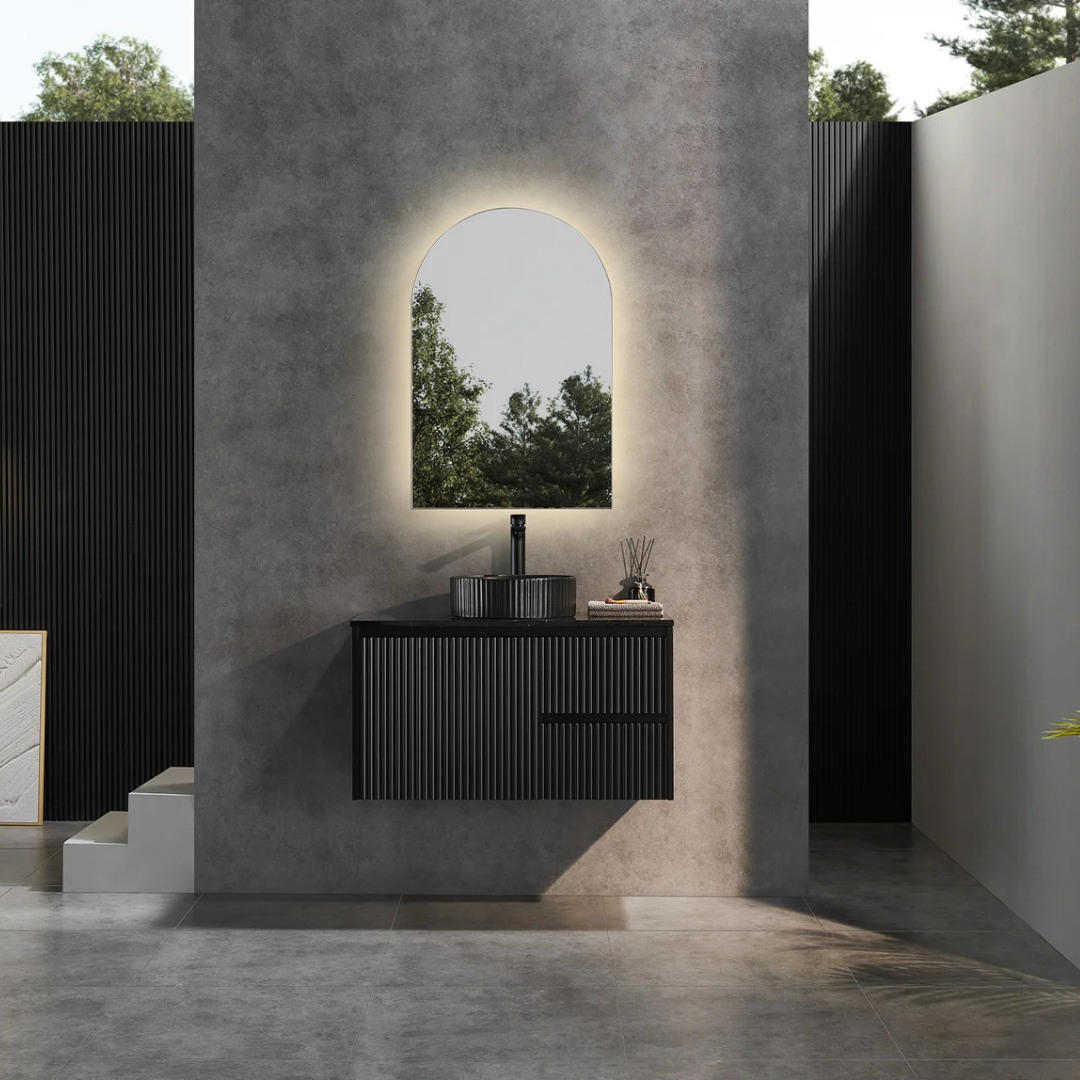 Bathroom with Matte Black Brindabella Wall Hung Right Hand Drawer Vanity 900mm