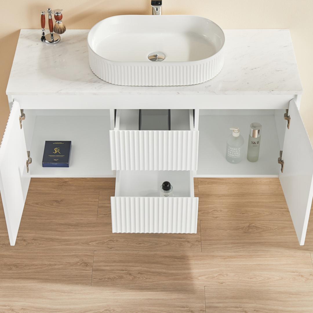 Open matte white Brindabella Wall Hung Vanity Centre Drawer 1200mm