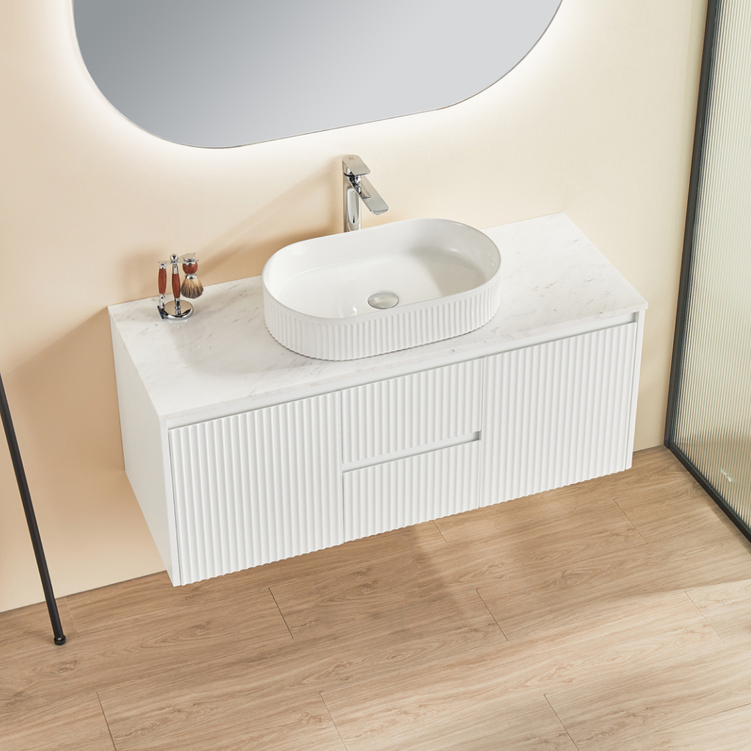 Matte white Brindabella Wall Hung Vanity Centre Drawer 1200mm with white basin top view