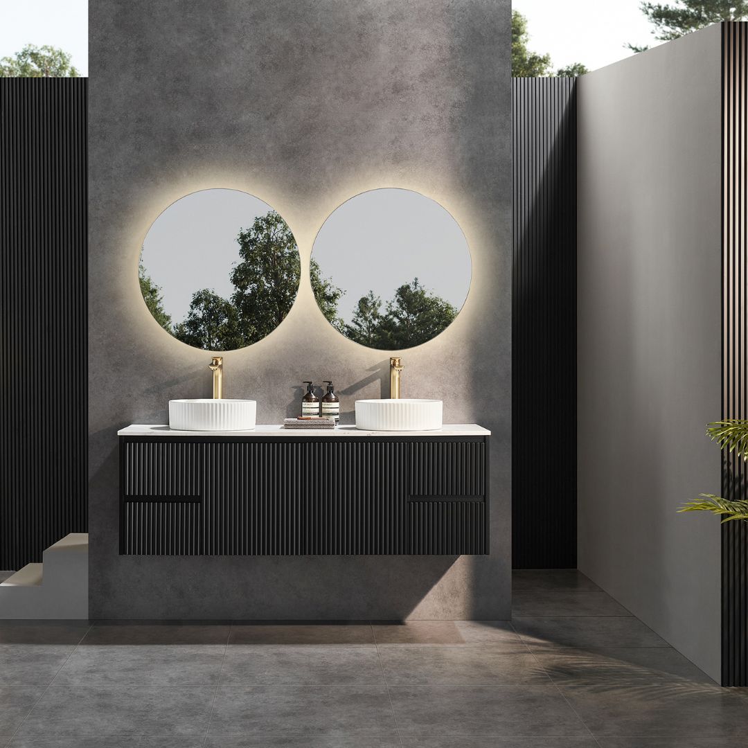 Bathroom with installed circle mirror Brindabella PVC Wall Hung Vanity side drawer