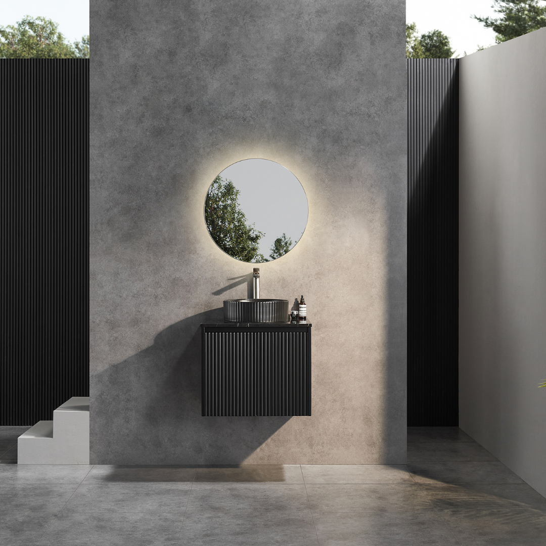 Bathroom with Matte Black Brindabella Wall Hung Vanity 600mm