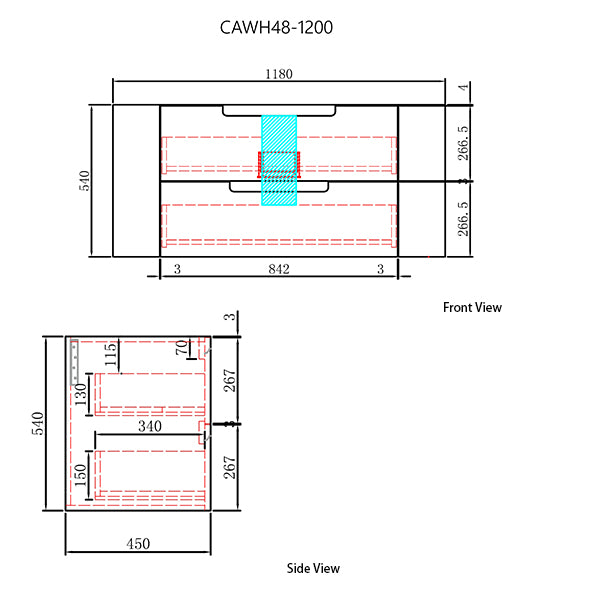 Technical drawing of a product with dimensions labeled, showing front and side views.