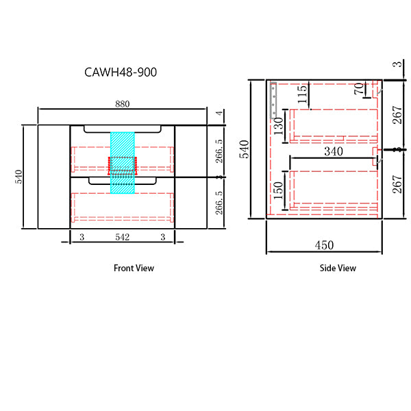 Technical drawing of a product with dimensions labeled, showing front and side views.