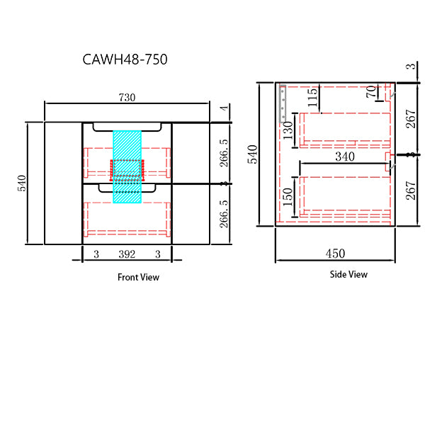 Technical drawing of a product with dimensions labeled, including 'CAWH48-750'.