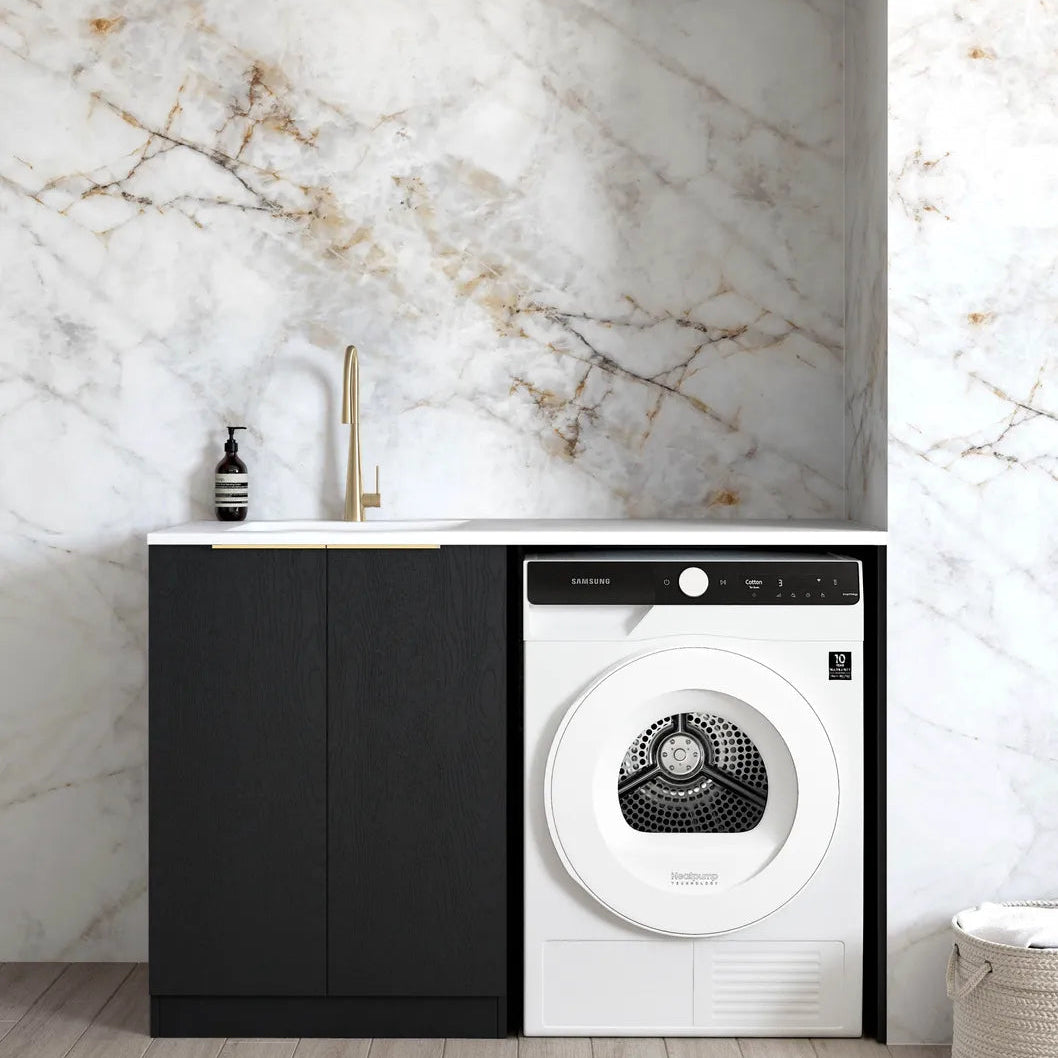Byron Black Oak Base Laundry Cabinet with Stone Top and Sink 1300x600x900