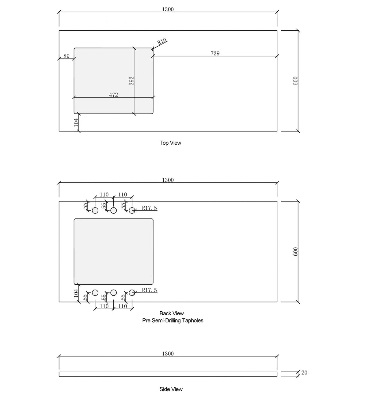 Byron Black Oak Laundry Kit 1305x600x2100 taphole drawing