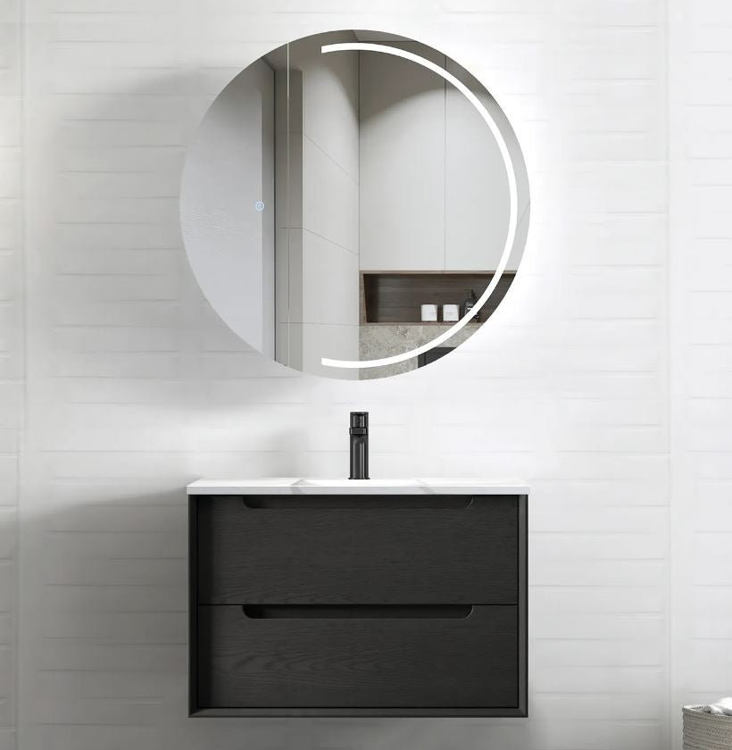 Bathroom with installed mirror and Byron Black Oak Wall Hung Vanity 750mm - Black Oak front view