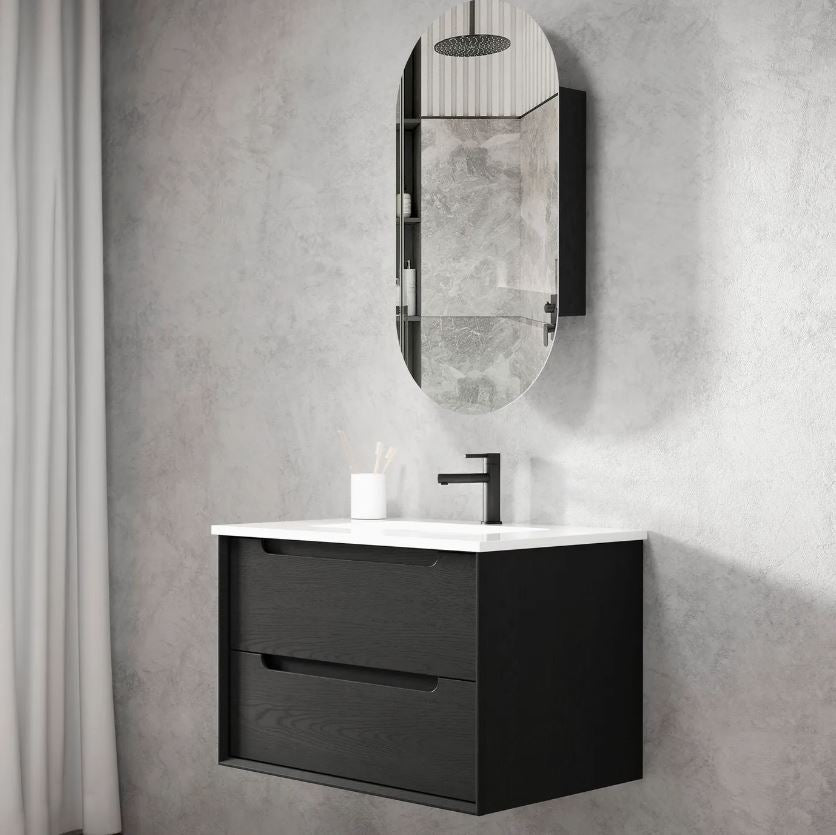 Bathroom side view of Byron Black Oak Wall Hung Vanity 750mm - Black Oak and mirror