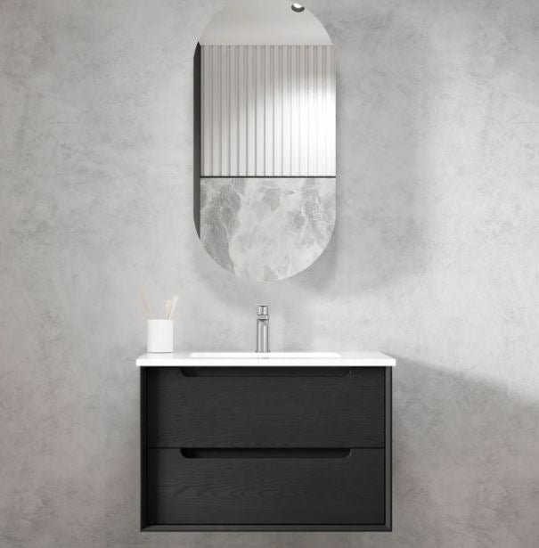 Bathroom with mounted Byron Black Oak Wall Hung Vanity 750mm - Black Oak and frameless mirror