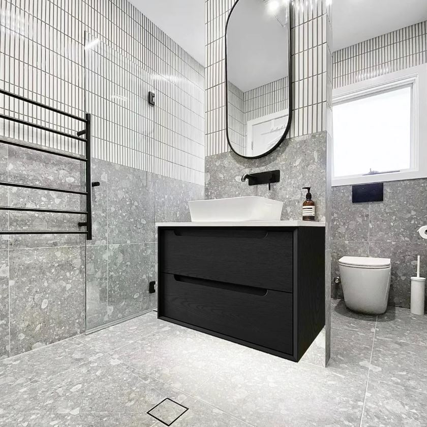 Bathroom full view with mounted Byron Black Oak Wall Hung Vanity 750mm - Black Oak