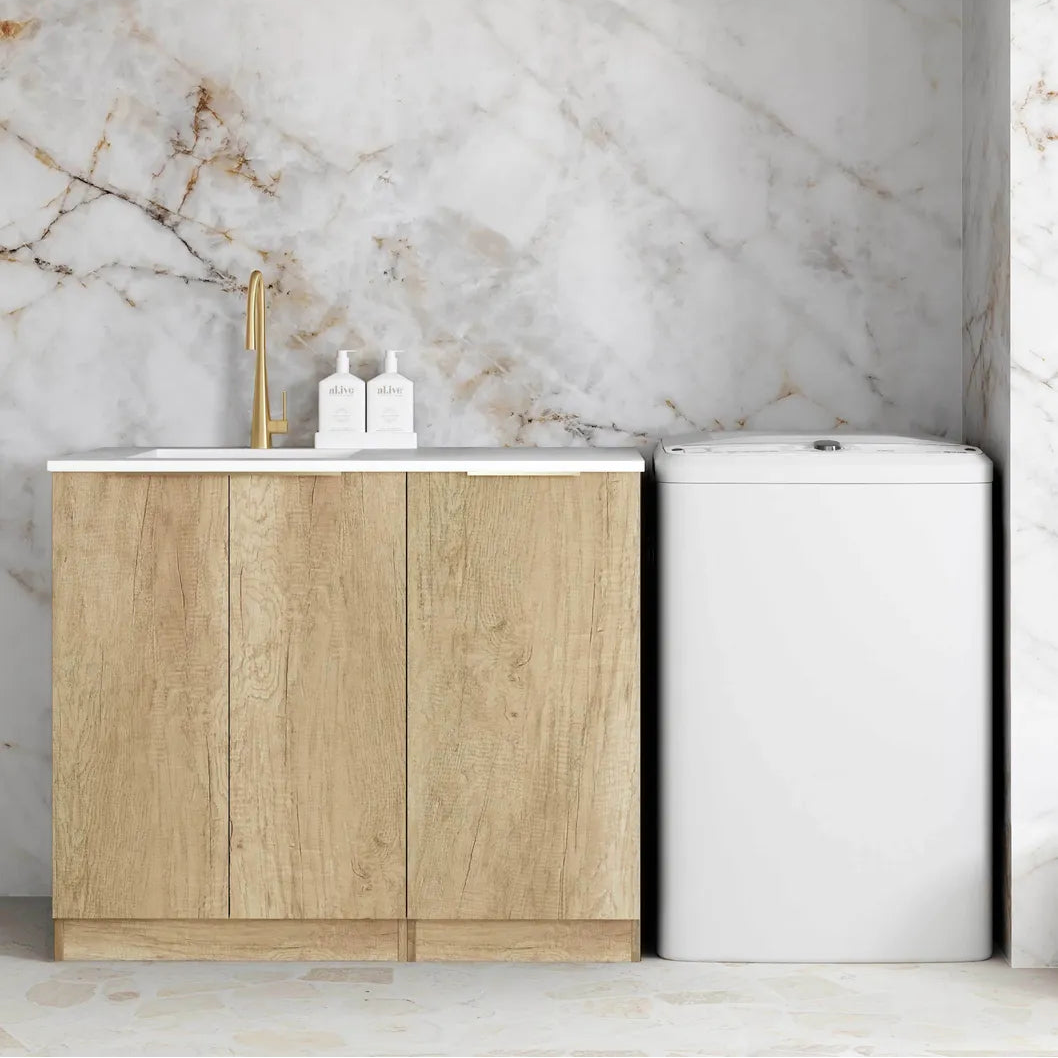 Byron Natural Oak Base Laundry Cabinet with Stone Top and Sink 1060x600x900