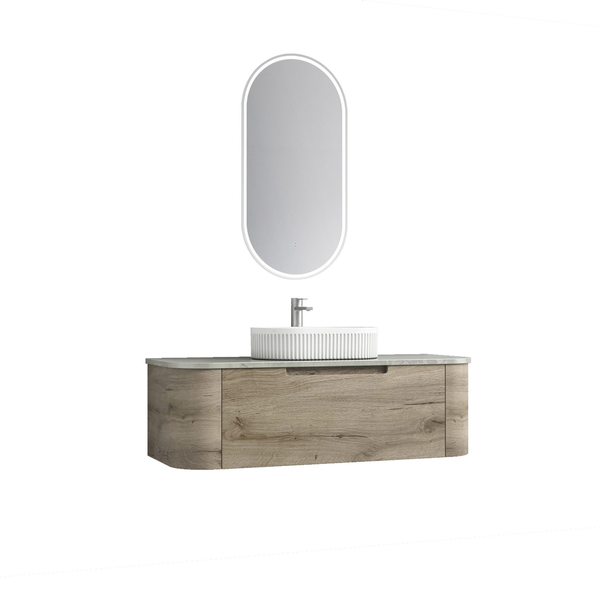 Bathroom vanity with wooden finish, white countertop, and oval mirror on a white background