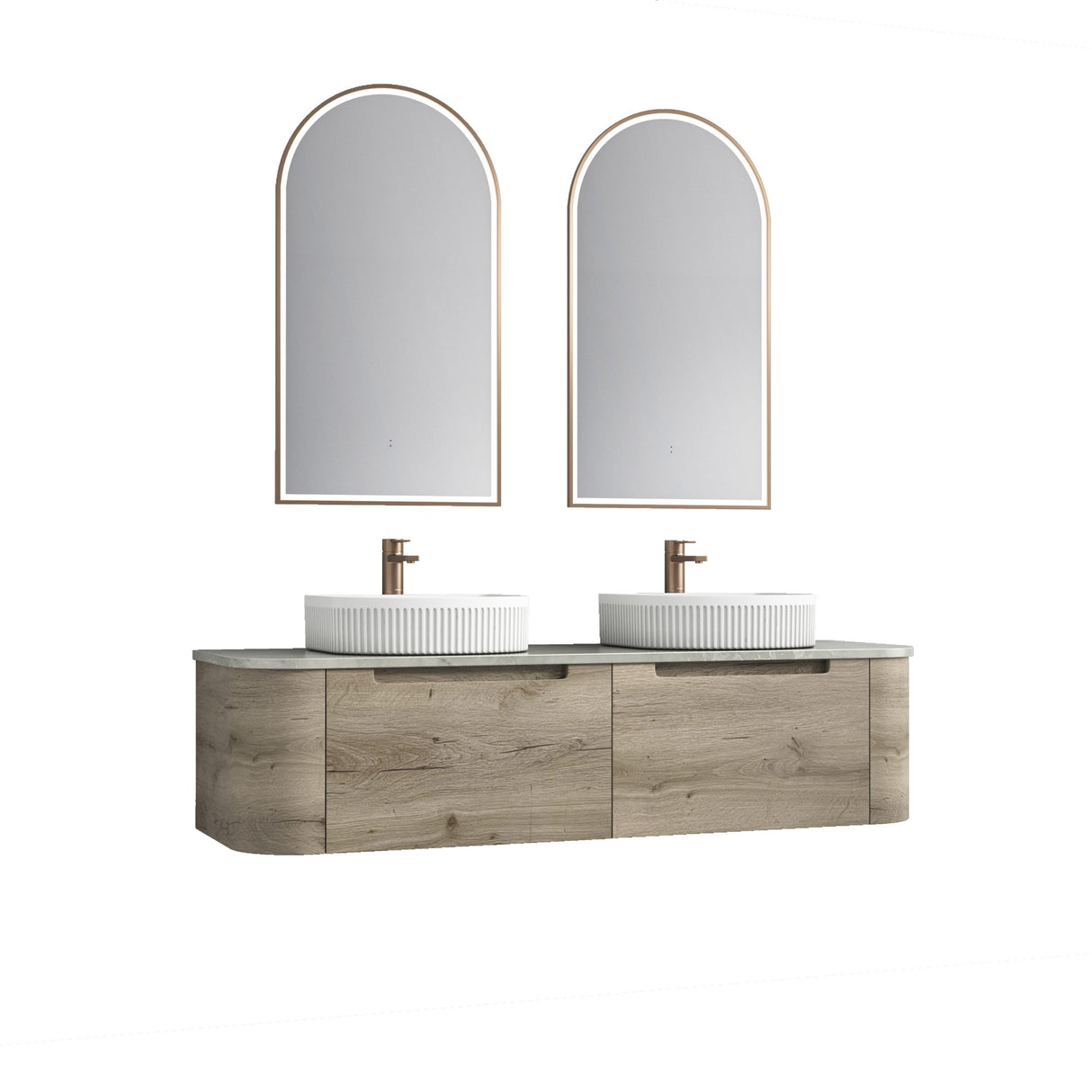Bathroom vanity with double sink, mirrors, and wooden cabinet on a white background