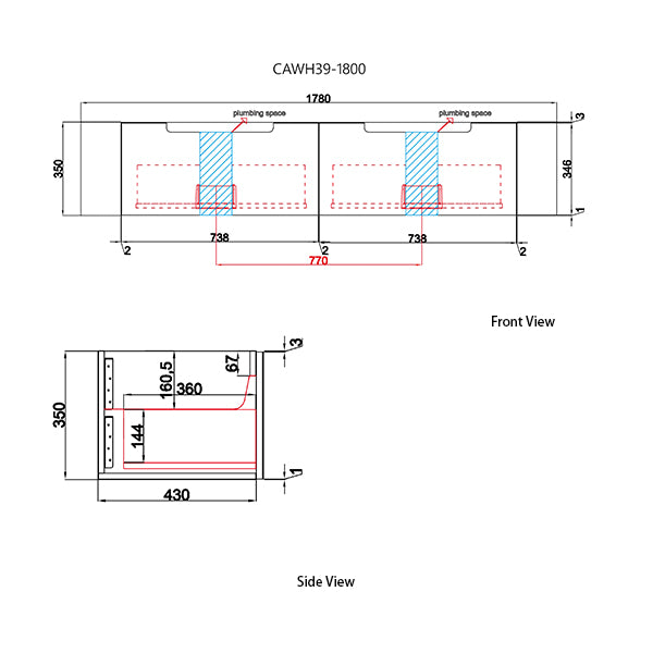 Technical drawing of a kitchen cabinet with dimensions labeled