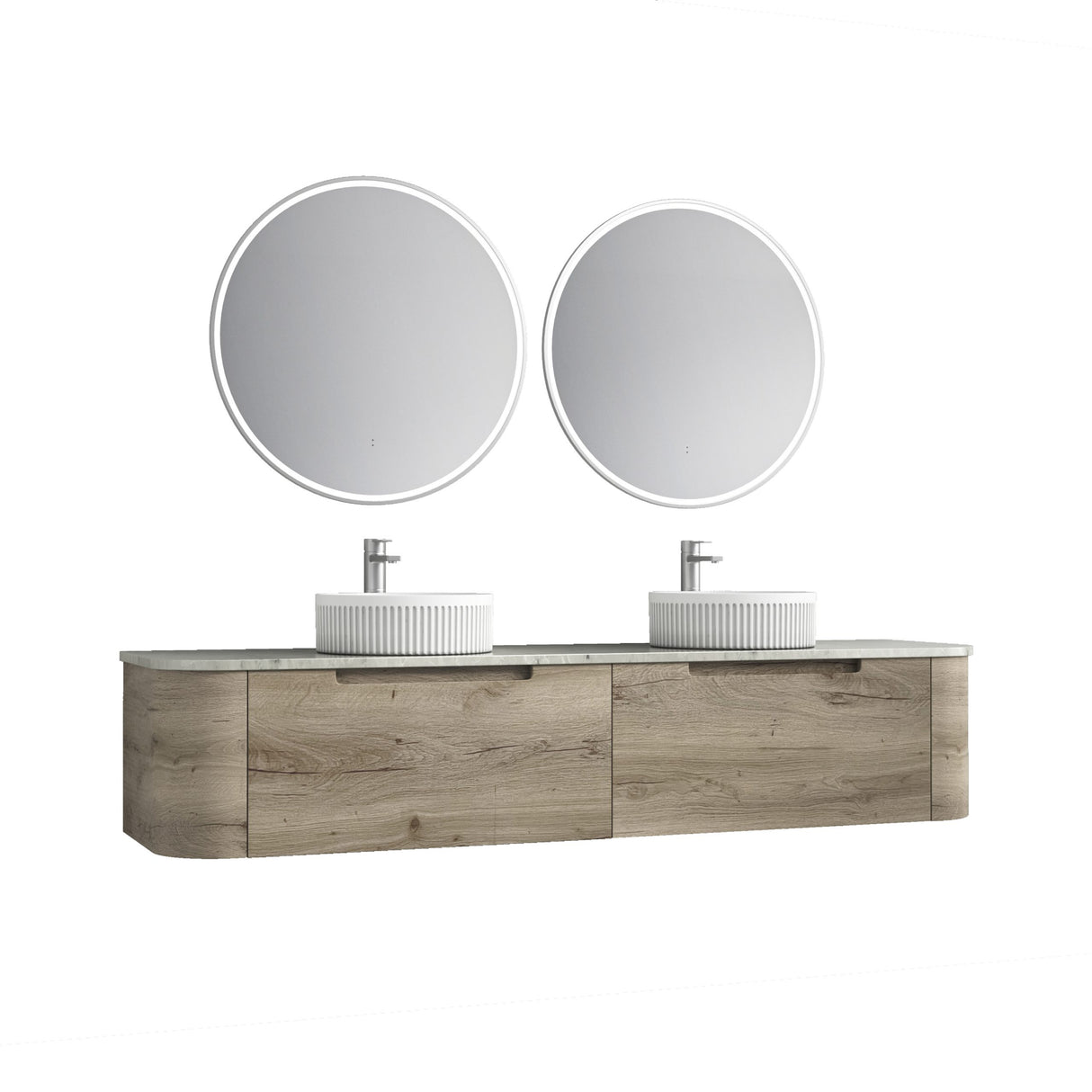 Bathroom vanity with double sink and round mirrors on a white background