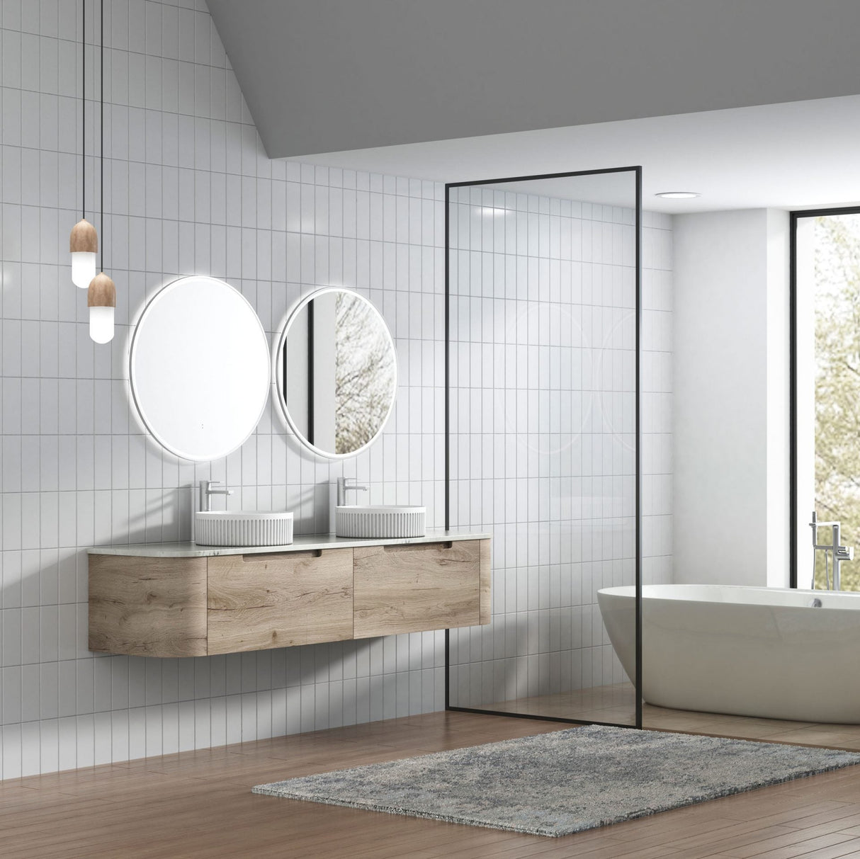 Modern bathroom with wooden vanity, round mirrors, and a freestanding bathtub.