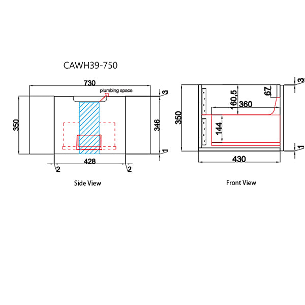 Technical drawing of a product with dimensions labeled, featuring 'CAWH39-750' on a white background.