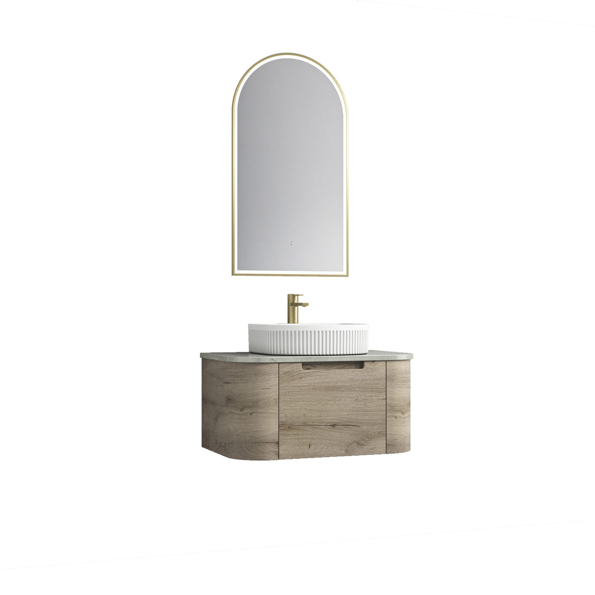 Bathroom vanity with sink and mirror on a white background