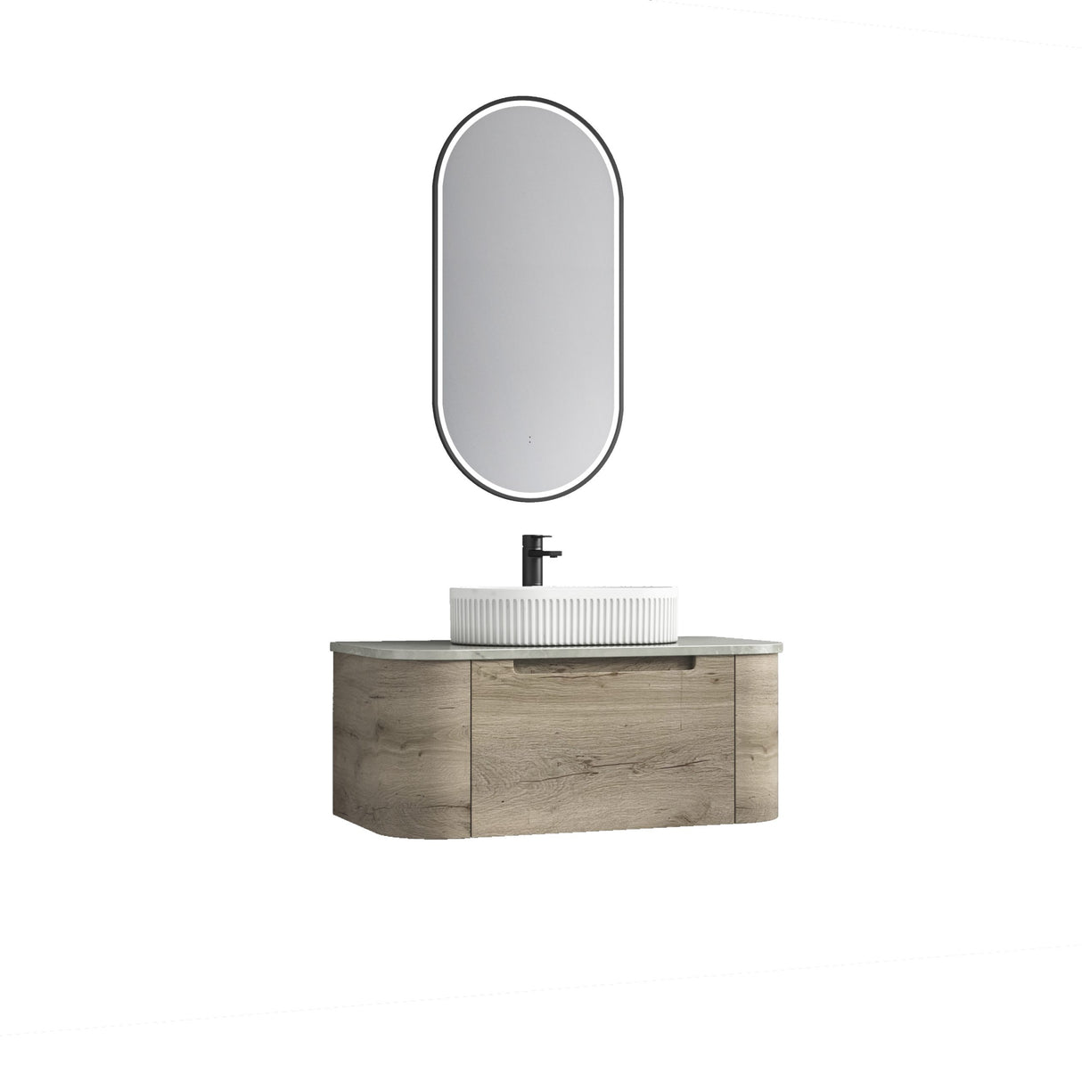 Bathroom vanity with sink and mirror on a white background